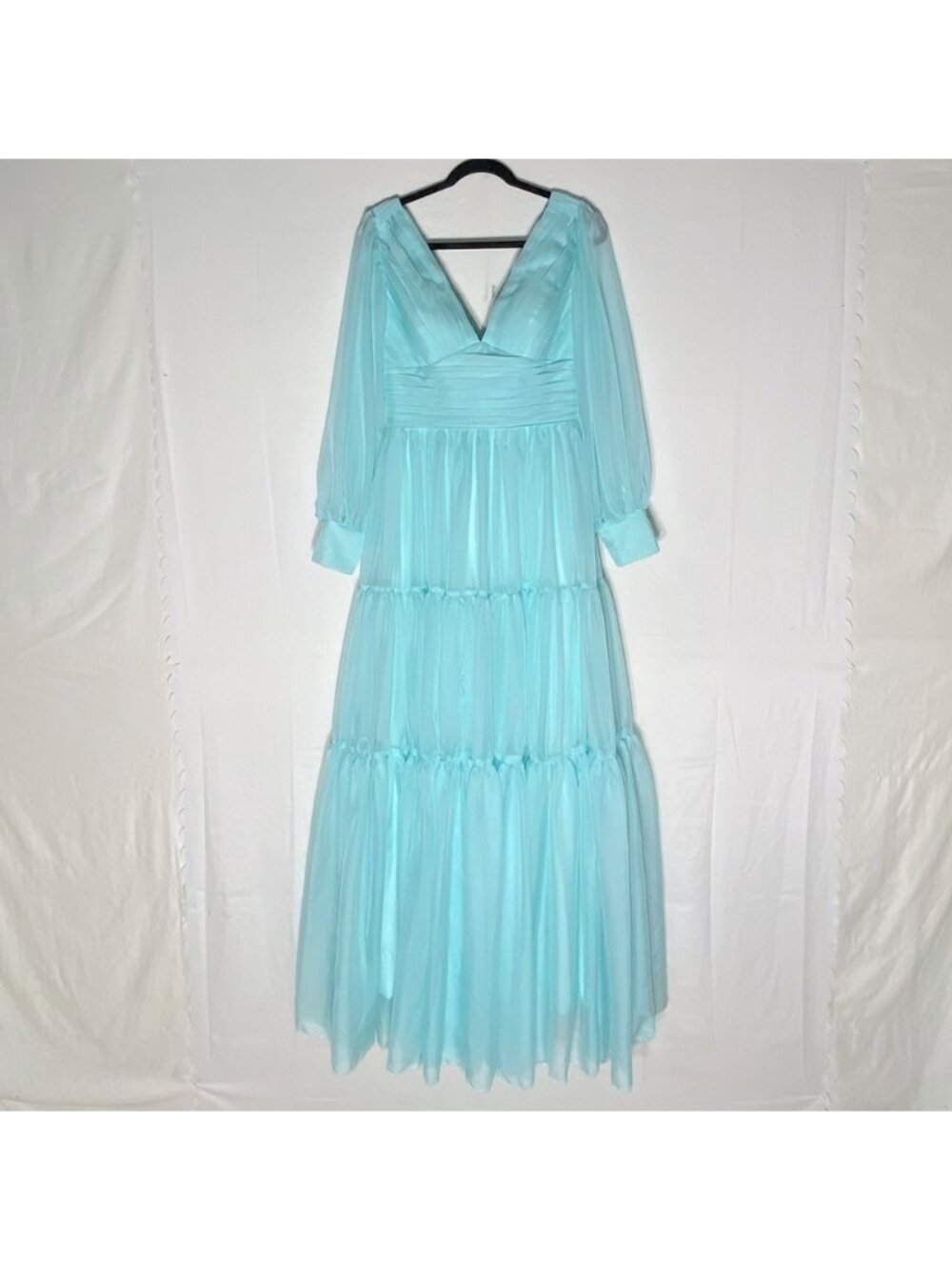 Vnaix Elegant Light Blue Tiered Chiffon Maxi Length Bubble Sleeve Prom Dress M/L